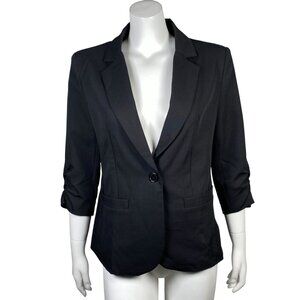 Elleven Black Blazer Jacket Womens S Ruched 3/4 Sleeves Single Button Lined